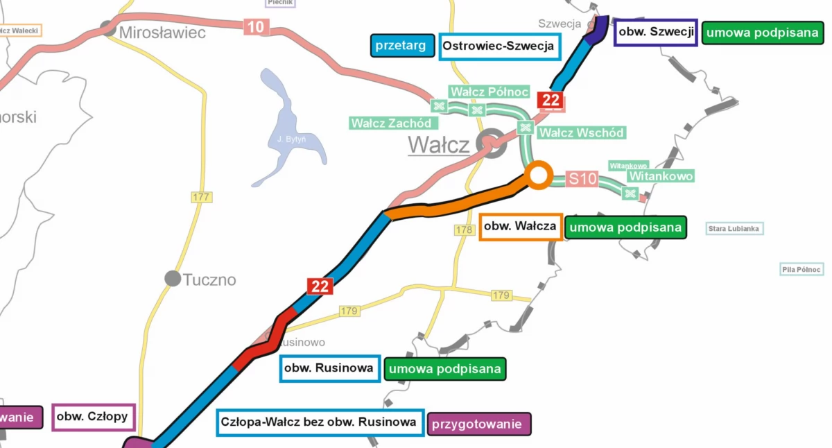 Mapa przedstawiająca plan rozbudowy DK 22