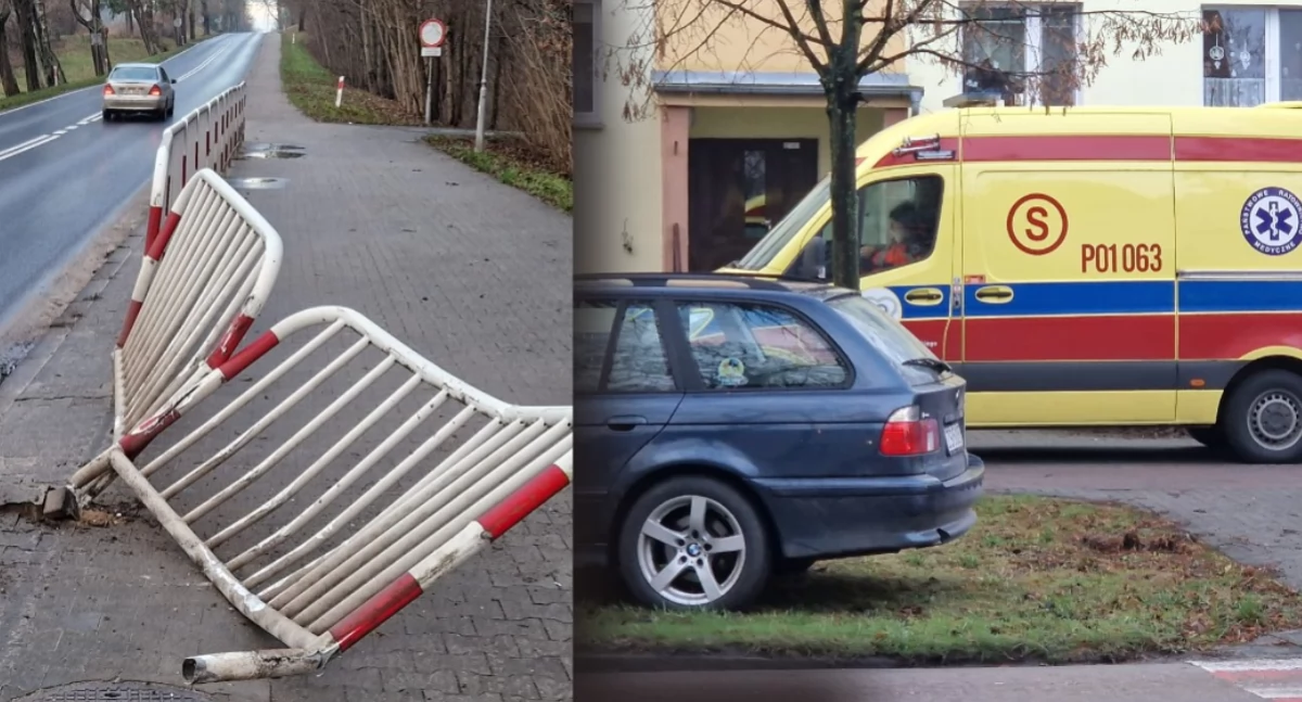 Wypadki drogowe, Barierka rozbita motocyklista wjechał osobówki Policja pełne ręce roboty - zdjęcie, fotografia