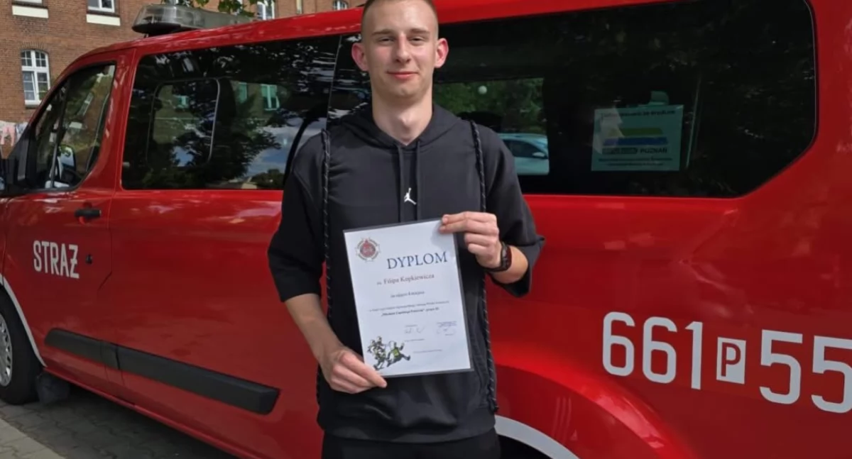 Straż pożarna, Filip Kopkiewicz Lotynia najlepszy Wielkopolsce! Pojedzie ogólnopolski finał turnieju pożarniczego - zdjęcie, fotografia