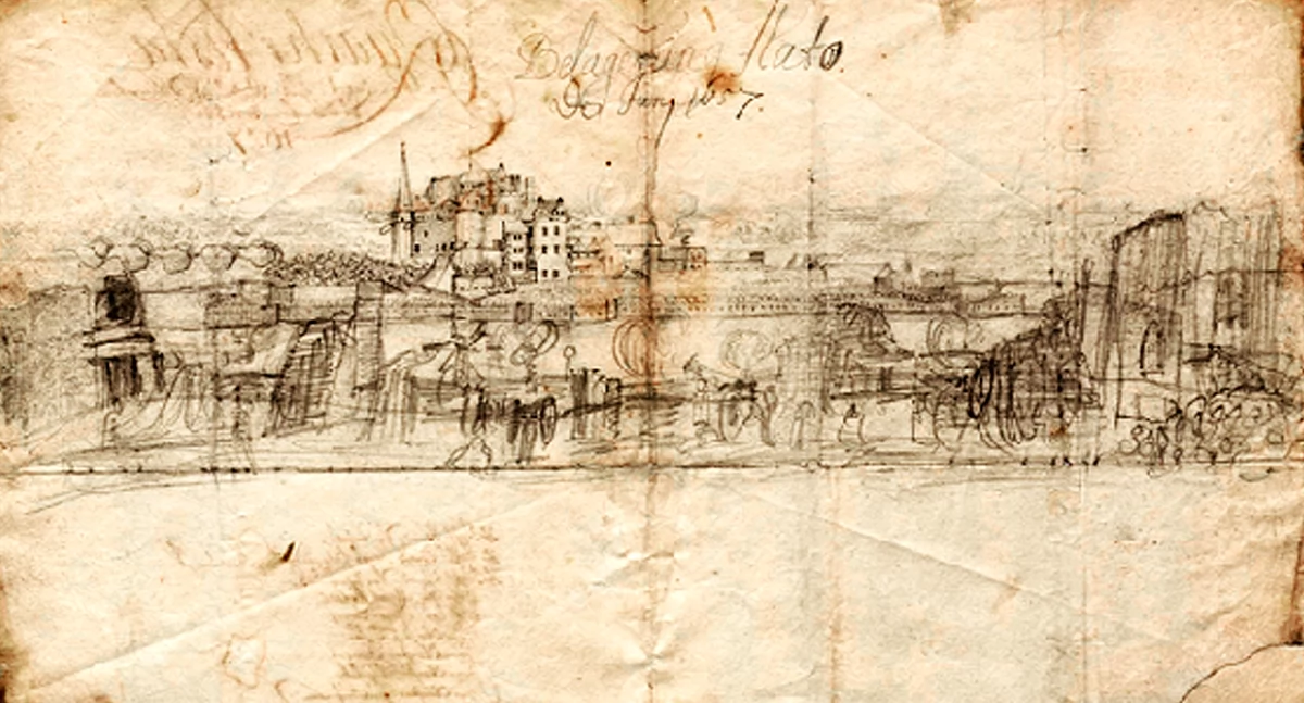 Oryginalny rysunek zamku złotowskiego wykonany przez Dahlbergha w czerwcu-lipcu 1657 roku (Riksarkivet Stockholm)