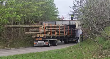[WIDEO] Pojazd dłużycowy zablokował główną drogę pod wiaduktem